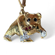 Luxurious Gold Bear Dangle Earrings with Sapphire and Ruby