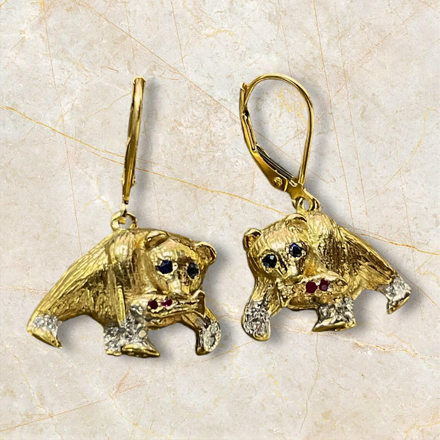 Luxurious Gold Bear Dangle Earrings with Sapphire and Ruby