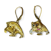 Luxurious Gold Bear Dangle Earrings with Sapphire and Ruby