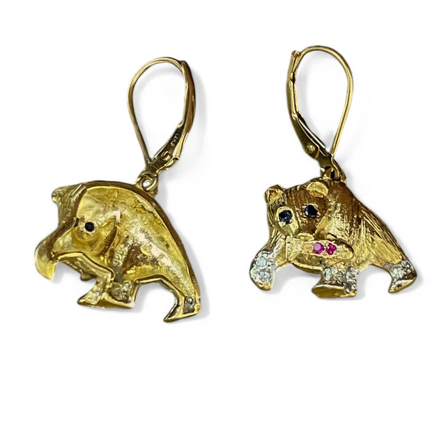 Luxurious Gold Bear Dangle Earrings with Sapphire and Ruby