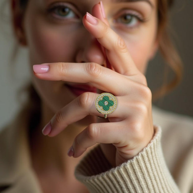 Regal clover Malachite Diamond Ring in 14K Gold