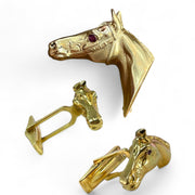 Regal Gold Horse Head Cufflink & Brooch Set with Ruby Eyes