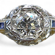 Antique 1920s 18k White Gold GIA Certified 0.81 TCW Diamond & Sapphire Ring