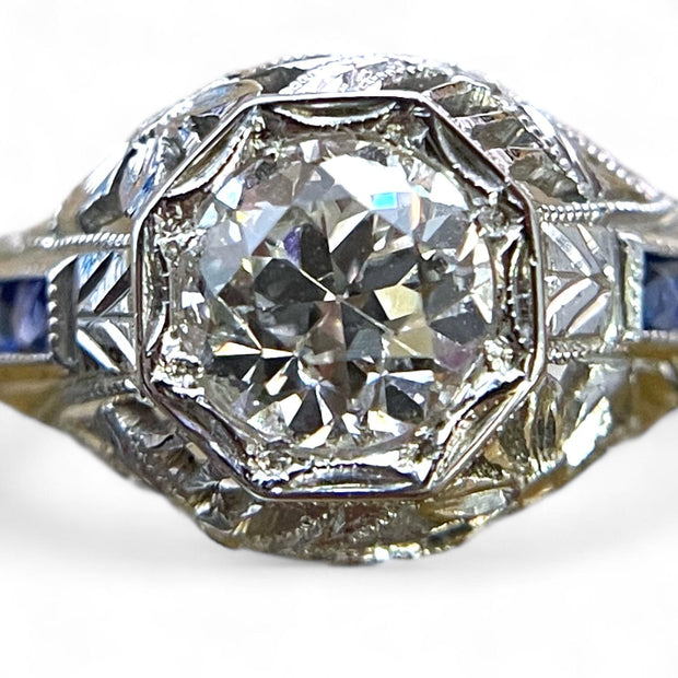 Antique 1920s 18k White Gold GIA Certified 0.81 TCW Diamond & Sapphire Ring