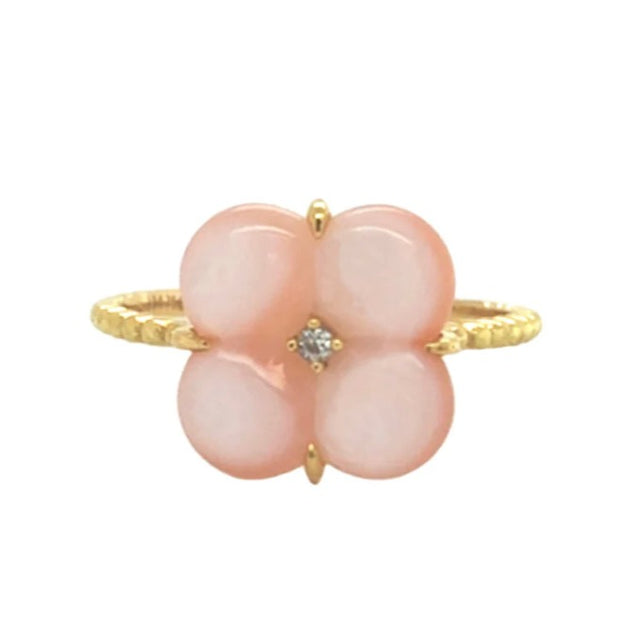 Rosy Mother Of Pearl Clover Natural Diamond Ring 18K Yellow Gold