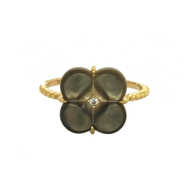 Midnight Mother Of Pearl Clover Natural Diamond Ring 18K Yellow Gold