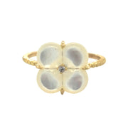 Mother Of Pearl Clover Natural Diamond Ring 18K Yellow Gold