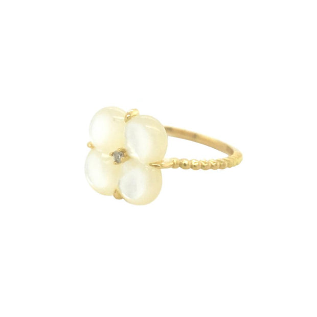 Mother Of Pearl Clover Natural Diamond Ring 18K Yellow Gold