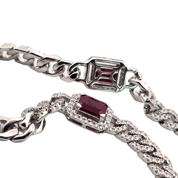 14K White Gold Diamond and Octagon Ruby Bracelet