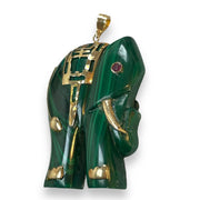 14K Gold Malachite Elephant Pendant with Ruby Eye