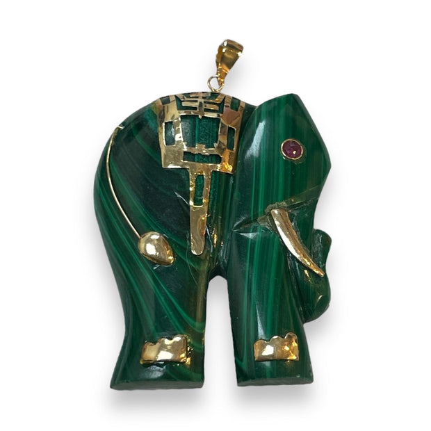 14K Gold Malachite Elephant Pendant with Ruby Eye