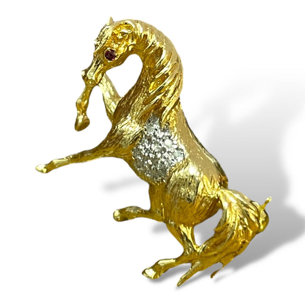 Majestic 14K Gold Horse Brooch with Ruby and Diamond Accents