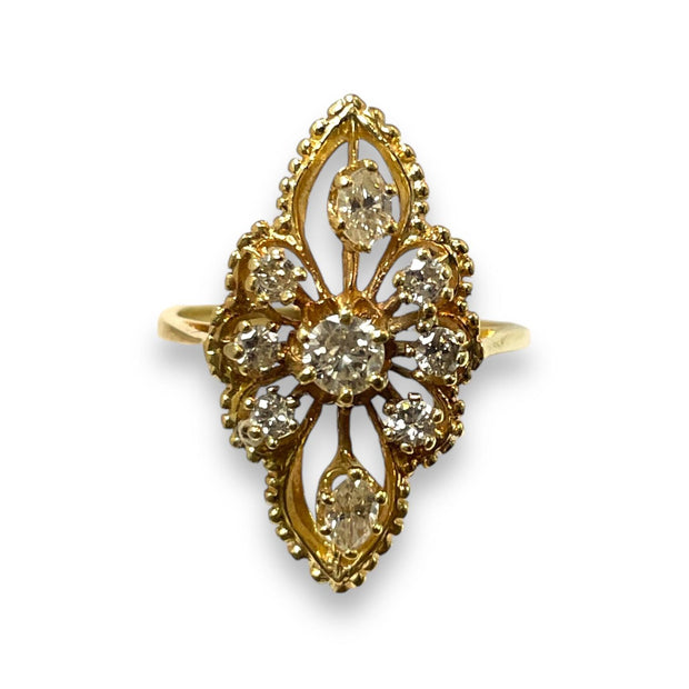 Exquisite Antique 14K Gold Marquise Ring with Diamond Floral Design