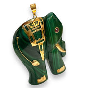 14K Gold Malachite Elephant Pendant with Ruby Eye