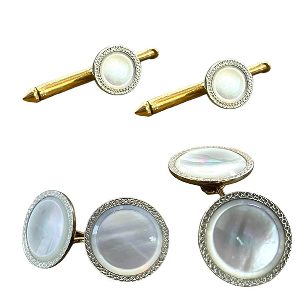 Antique 10K Gold Mother of Pearl Cufflink and Shirt Stud Set