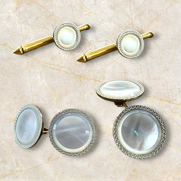 Antique 10K Gold Mother of Pearl Cufflink and Shirt Stud Set