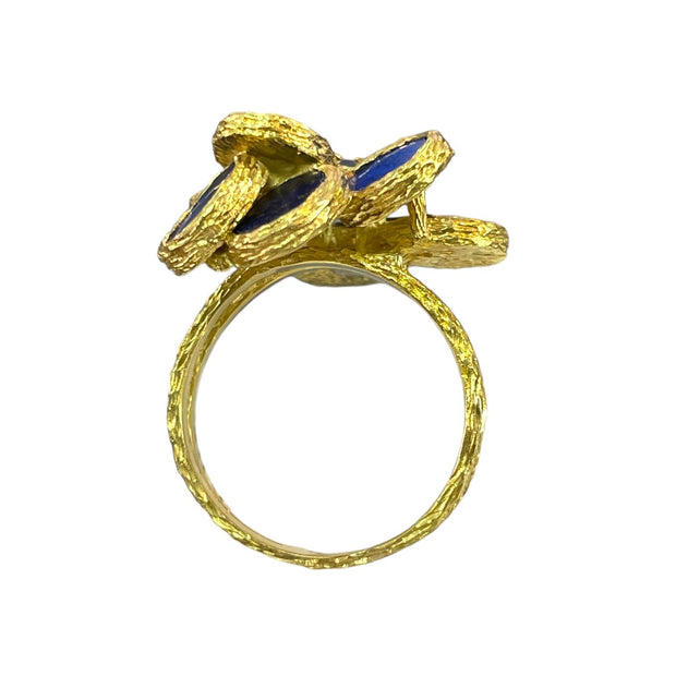 Golden Blossom: 18K Yellow Gold Matte Lapis Flower Design Ring