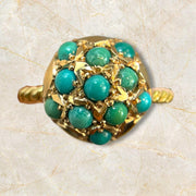 Exquisite 18K Yellow Gold Ball Turquoise Ring with Rope Band Design