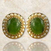 14K Yellow Gold Large Jade and Pearl Exquisite Clip-On Earrings