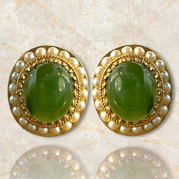 14K Yellow Gold Large Jade and Pearl Exquisite Clip-On Earrings