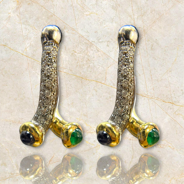 18K Two-Tone Diamond, Sapphire, and Emerald Yin Yang Earrings