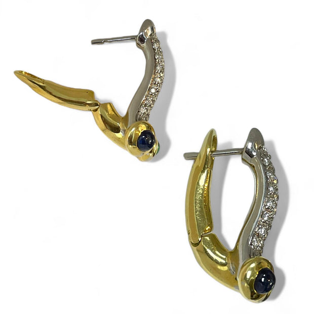 18K Two-Tone Diamond, Sapphire, and Emerald Yin Yang Earrings