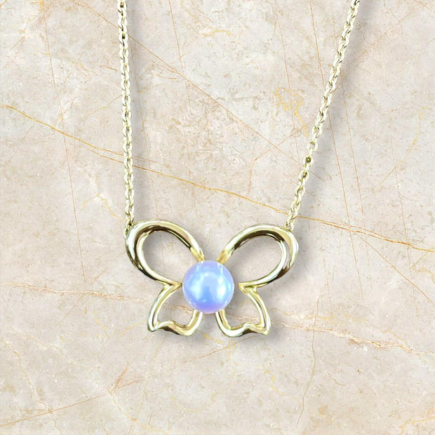 Whimsical Elegance 18K Yellow Gold Butterfly Pearl Necklace