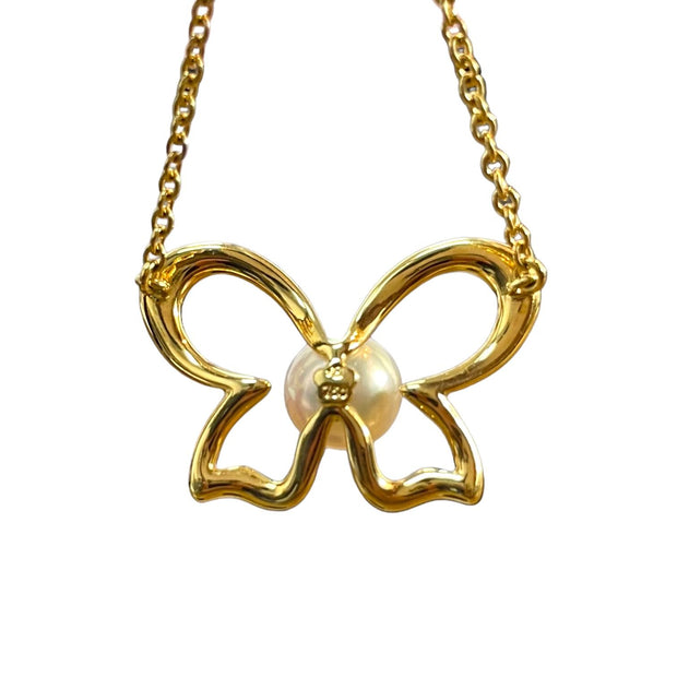 Whimsical Elegance 18K Yellow Gold Butterfly Pearl Necklace