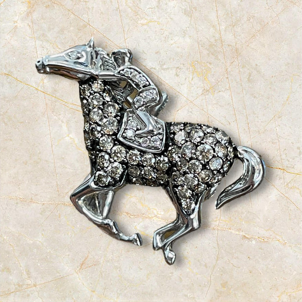 Majestic Polo Horse 14K White Gold Pin adorned with Diamonds