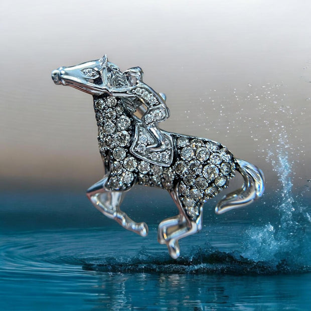 Majestic Polo Horse 14K White Gold Pin adorned with Diamonds