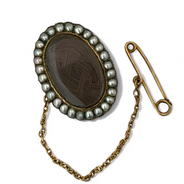 Victorian Era Mourning Brooch in 14K Gold with Pearls