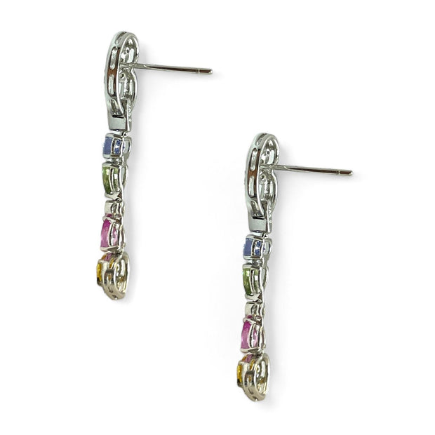 Multicolored Sapphire & Diamond Dangle Earrings in 18K White Gold