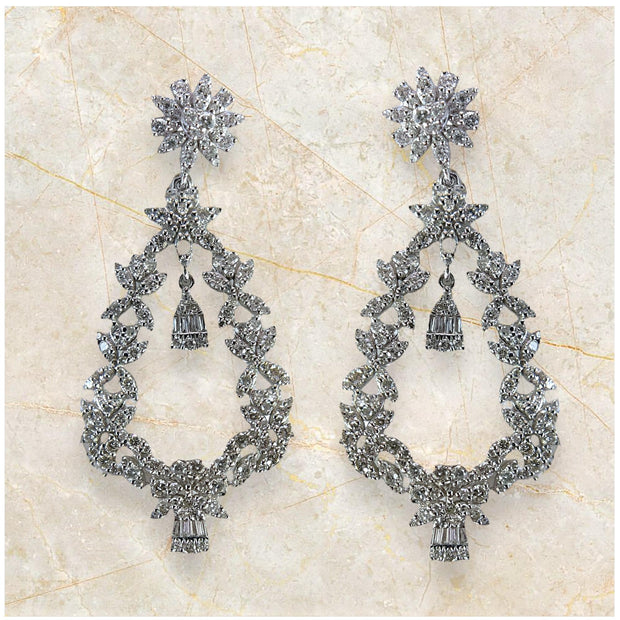 Whimsical Bloom: 14K White Gold Flower and Tree Diamond Earrings