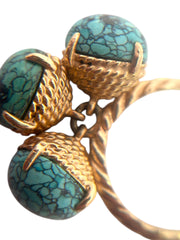 Vintage Solid Yellow Gold Tripple Dangle Turquoise Ring