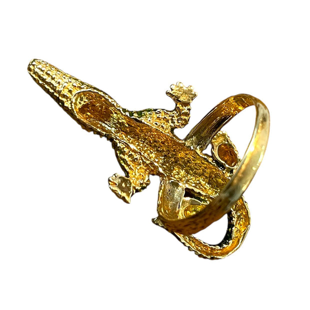 Green Crocodile Ring in Solid Yellow Gold With Diamond Eyes