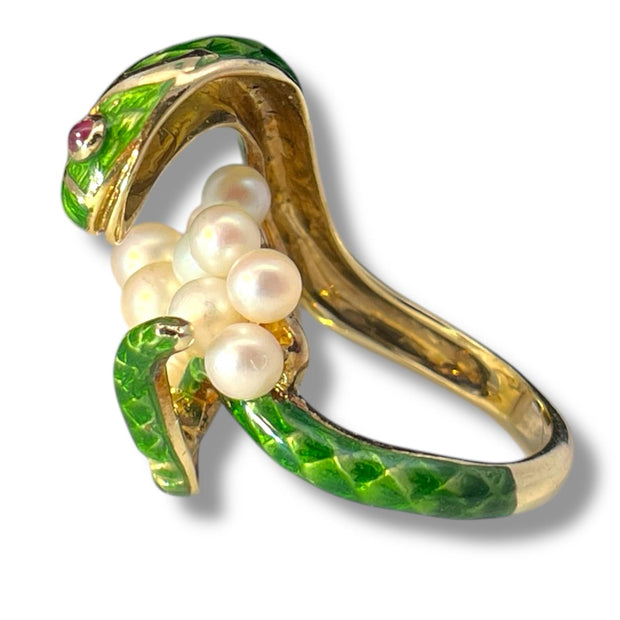 Green Python With Ruby Eyes & Pearls in Solid Yellow Gold