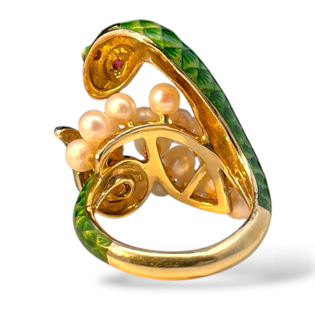 Green Python With Ruby Eyes & Pearls in Solid Yellow Gold