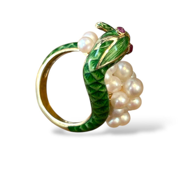 Green Python With Ruby Eyes & Pearls in Solid Yellow Gold