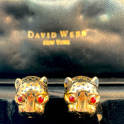 David Webb Designer 18k Yellow Gold Leopard head Cufflinks with ruby eyes