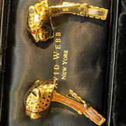 David Webb Designer 18k Yellow Gold Leopard head Cufflinks with ruby eyes