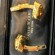 David Webb Designer 18k Yellow Gold Leopard head Cufflinks with ruby eyes