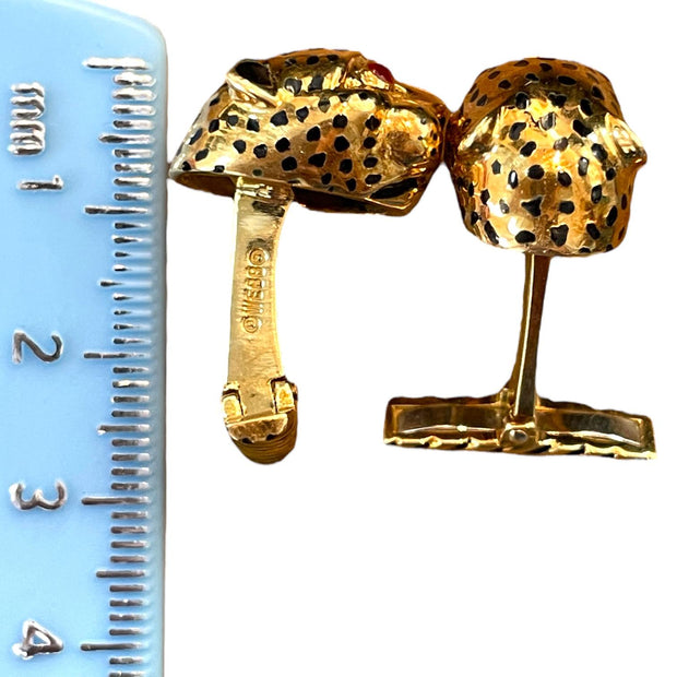 David Webb Designer 18k Yellow Gold Leopard head Cufflinks with ruby eyes