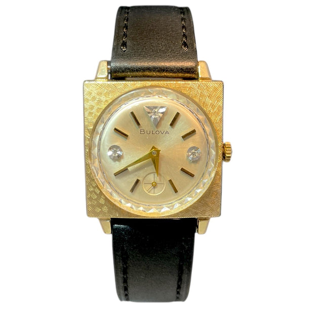 BULOVA 10k Yellow Gold Stamped Manual Wind Watch Diamond Dial With leather belt