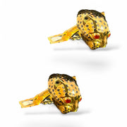 David Webb Designer 18k Yellow Gold Leopard head Cufflinks with ruby eyes