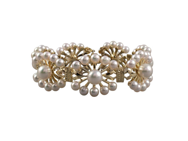 Mikimoto Yellow Gold 7 Floral Pearl Section links Bracelet