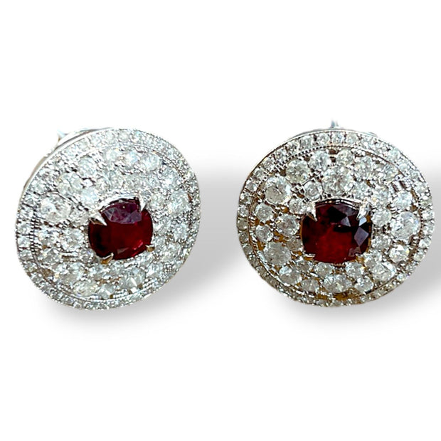 18k White Gold Natural Ruby and Diamond Halo Earrings