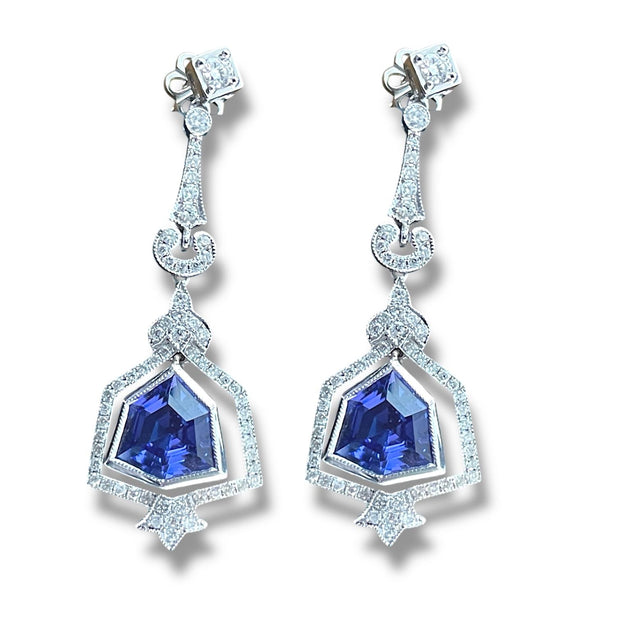 18k White Gold Double Dangle Tanzanite and Diamond Earrings