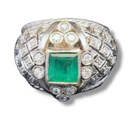 18k White Gold 1950s Vintage Columbian Emerald & Diamond Heavy Ring