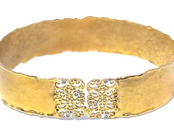 Vintage Solid Yellow Gold Diamond hammered finish Filigree Cuff Bracelet