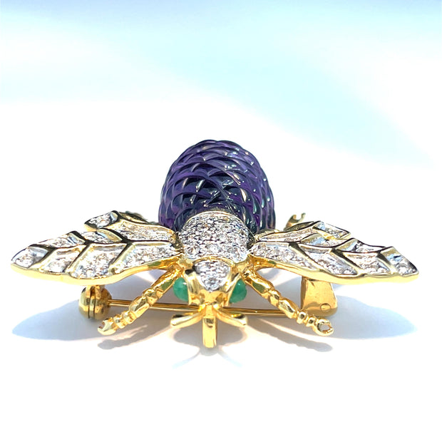 18K Yellow Gold Emerald eyes Diamond and Amethyst Bee Brooch